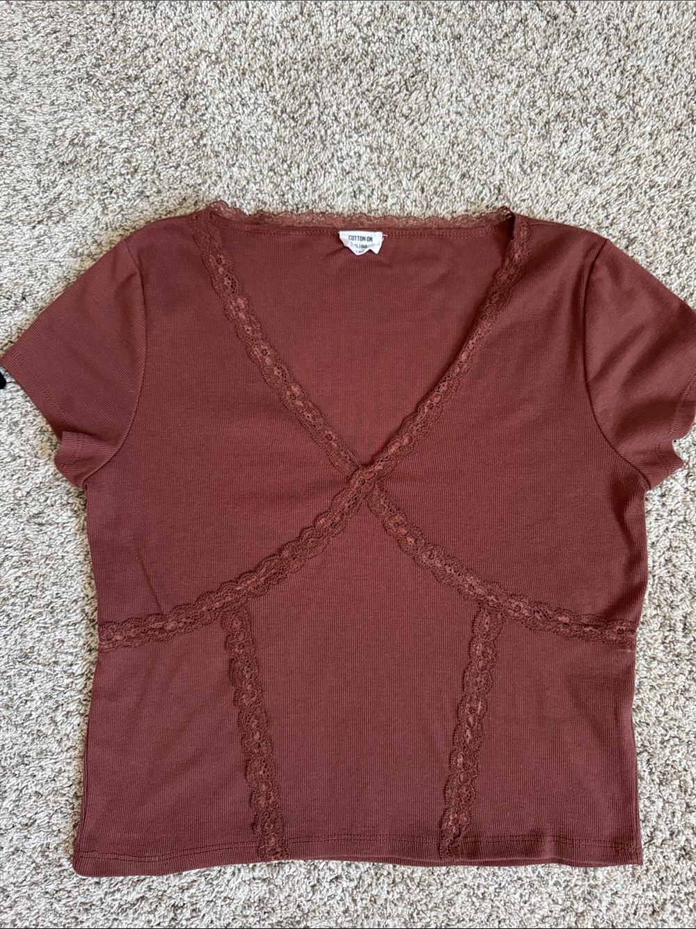 Two Cotton On Lace-Trim Short Sleeve Tops - Brown and black